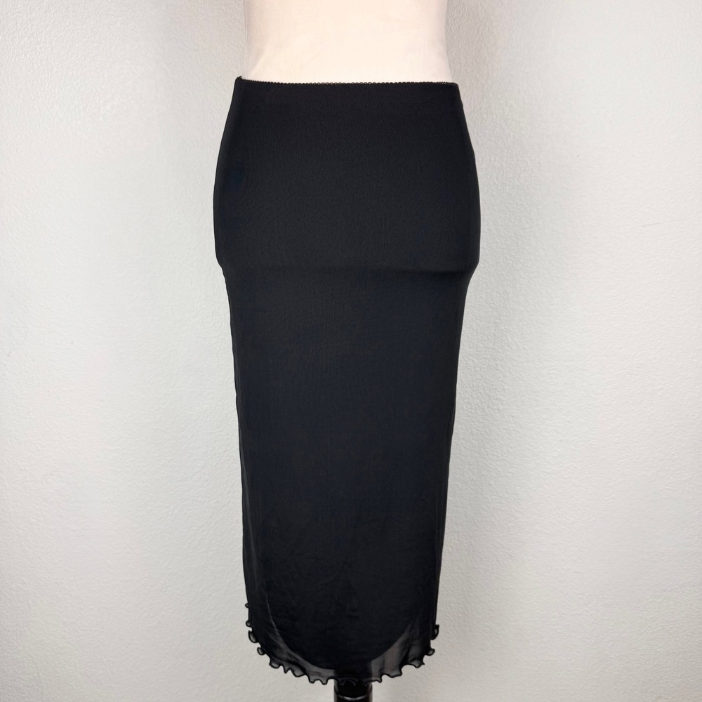 Forever 21 Black Mesh Overlay Lettuce Edge Midi Skirt Womens XS Elastic Waist